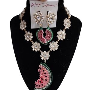 Betsey Johnson Backyard  Rhinestone Watermelon Jewelry Earrings Necklace Set